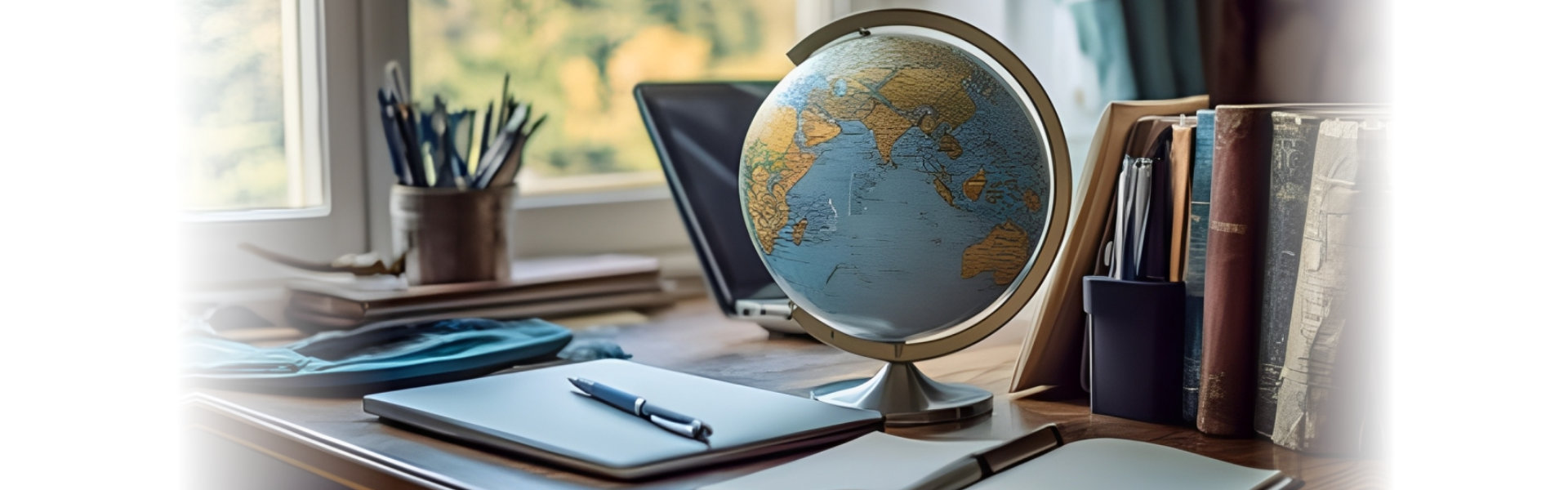 Study desk with a globe, open notebook, pen, laptop, pencil holder, and books, set against a window with a scenic view